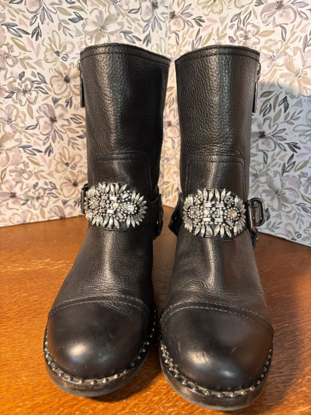 Gianni Bini Black Leather Rhinestone Harness Ankle Boots Moto Size 8M